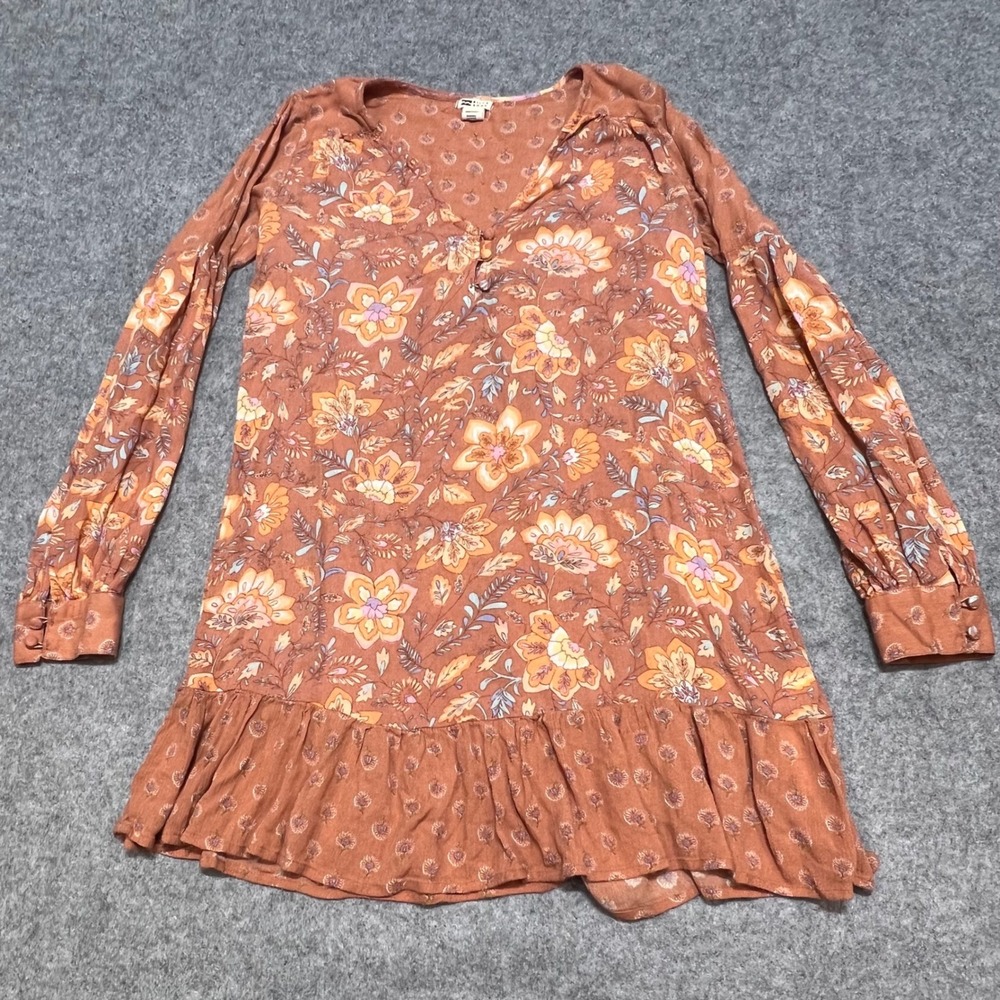 Billabong Womens XS Floral Long Sleeve Mini Dress Rust Orange Boho Ruffle Hem